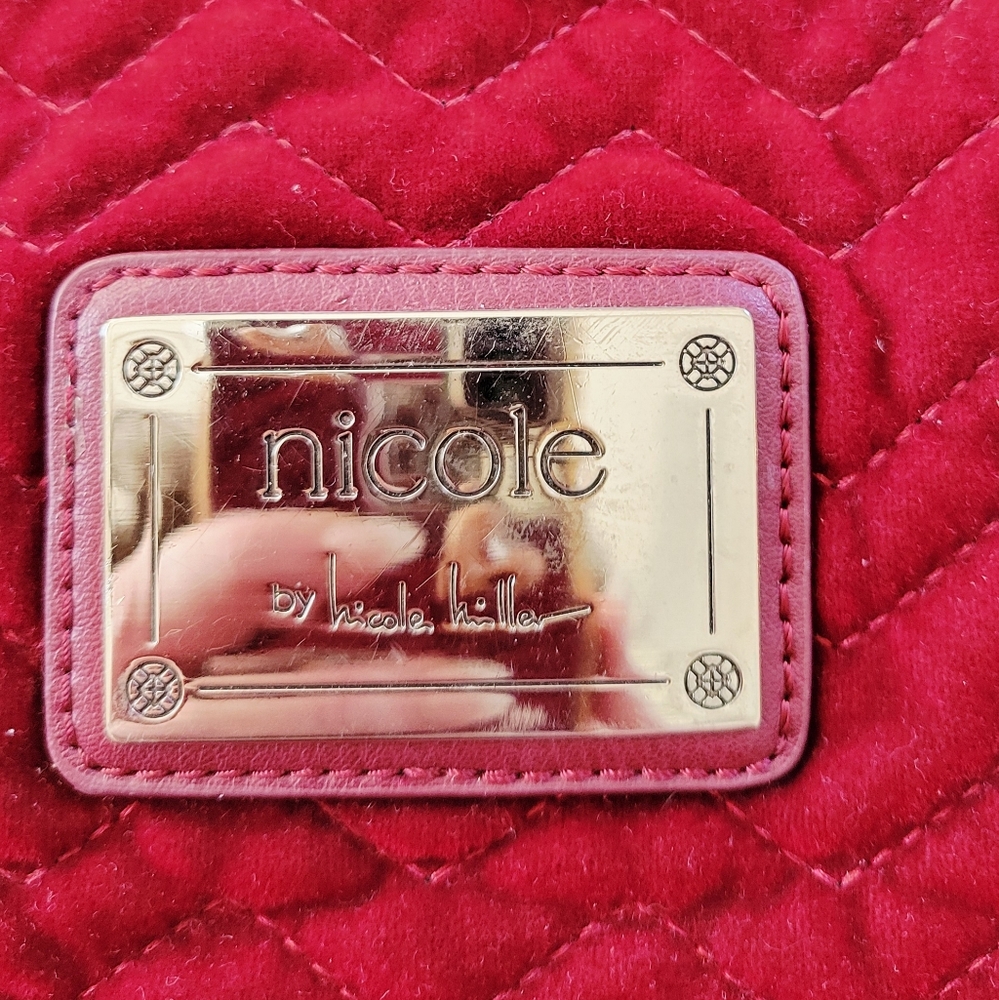 Nicole Miller Cranberry Red Velvet Shoulder Bag W Silver Chain Straps - Picture 6 of 12